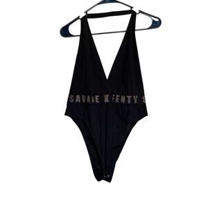 Savage x Fenty Logo Plunge Halter V-Neck Bodysuit Rose Gold Black Lingerie XL